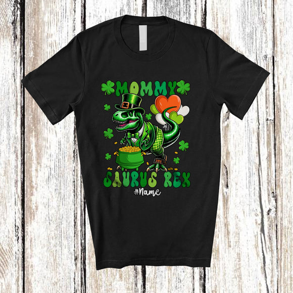 MacnyStore - Personalized Mommy Saurus Rex; Happy St. Patrick's Day Custom Name T-Rex Dinosaur; Family T-Shirt