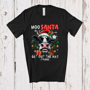 MacnyStore - Personalized Moo Santa Get Out The Hay; Joyful Christmas Cow Face; Custom Name Farmer T-Shirt