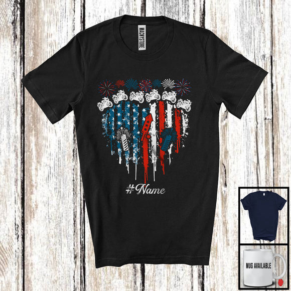 MacnyStore - Personalized Motorbike Heart American Flag, Proud 4th Of July Custom Name Biker Patriotic T-Shirt