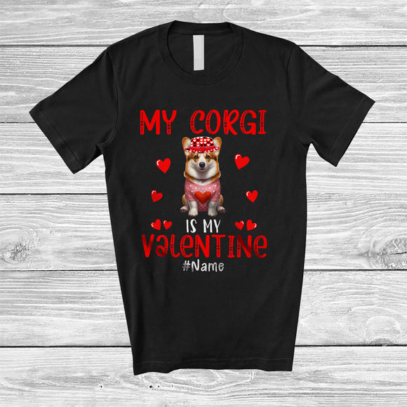 MacnyStore - Personalized My Corgi Is My Valentine; Lovely Custom Name Single; Hearts Dog Owner T-Shirt