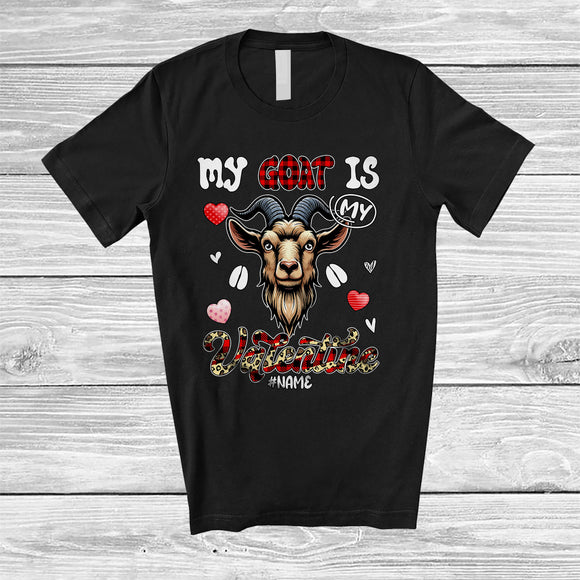 MacnyStore - Personalized My Goat Is My Valentine; Humorous Custom Name Goat Paws Leopard Plaid; Farmer T-Shirt