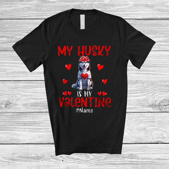 MacnyStore - Personalized My Husky Is My Valentine; Lovely Custom Name Single; Hearts Dog Owner T-Shirt