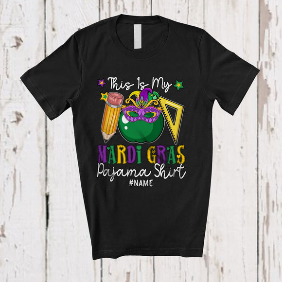 MacnyStore - Personalized My Mardi Gras Pajama Shirt; Amusing Beads Mask; Custom Name Teacher Jobs T-Shirt