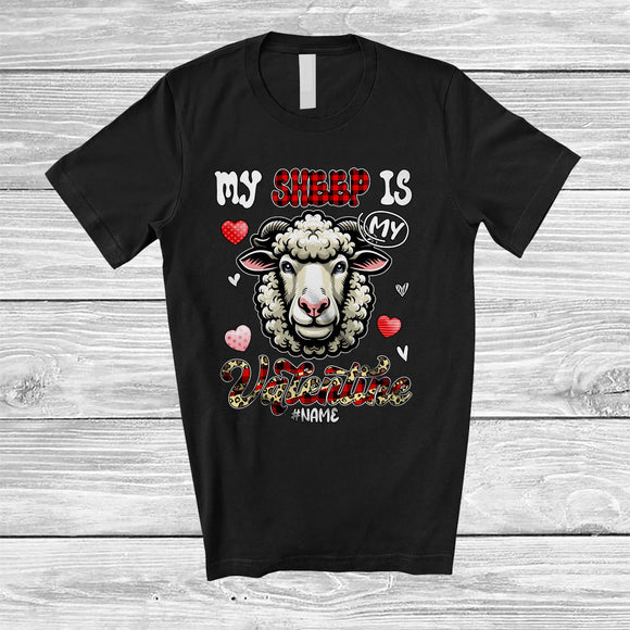 MacnyStore - Personalized My Sheep Is My Valentine; Humorous Custom Name Sheep Paws Leopard Plaid; Farmer T-Shirt