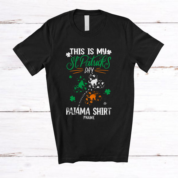 MacnyStore - Personalized My St. Patrick's Day Pajama Shirt; Lovely Custom Name Irish Cat Shamrock Shape T-Shirt