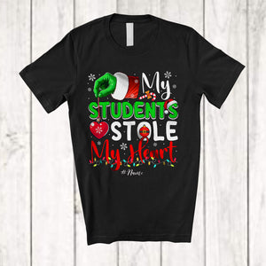 MacnyStore - Personalized My Students Stole My Heart; Merry Christmas Santa Green Hand; Custom Name Teacher T-Shirt