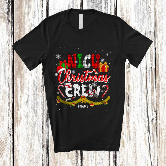 MacnyStore - Personalized NICU Christmas Crew; Amusing X-mas Plaid Snow; Custom Name Nurse Nursing T-Shirt