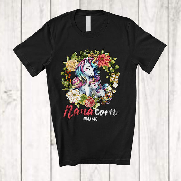 MacnyStore - Personalized Nanacorn; Lovely Mother's Day Flowers Custom Name Nana And Baby Unicorn; Family T-Shirt