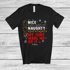 MacnyStore - Personalized Nice Naughty Aunt Made Me Do It; Joyful Christmas Custom Name Family; X-mas Lights Santa T-Shirt