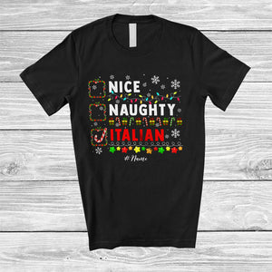 MacnyStore - Personalized Nice Naughty Italian; Joyful Christmas Custom Name Family; X-mas Lights Santa T-Shirt