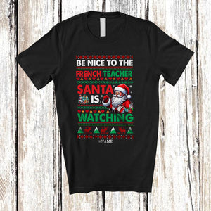 MacnyStore - Personalized Nice to The French Teacher; Merry Christmas Sweater Santa; Custom Name Teacher T-Shirt