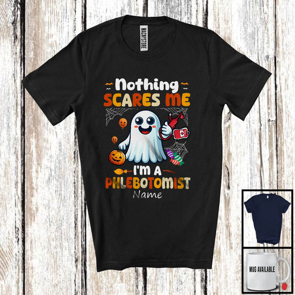 MacnyStore - Personalized Nothing Scares Me I'm A Phlebotomist; Lovely Halloween Custom Name Boo Ghost T-Shirt