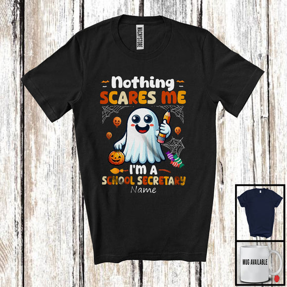 MacnyStore - Personalized Nothing Scares Me I'm A School Secretary; Lovely Halloween Custom Name Boo Ghost T-Shirt