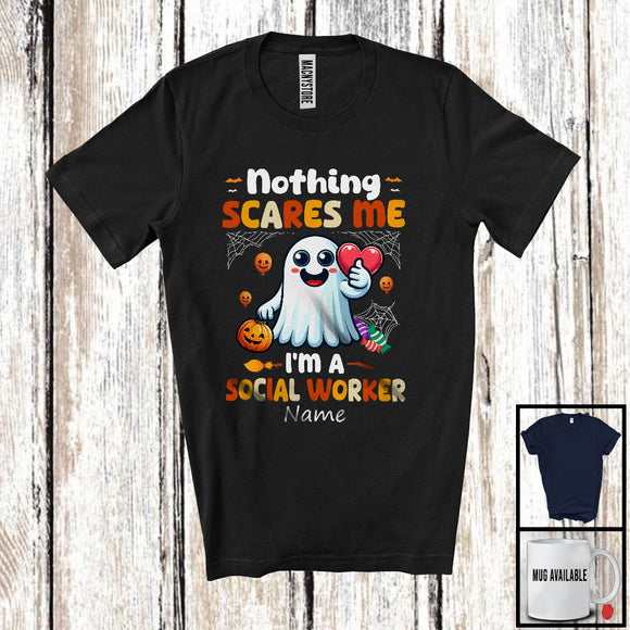 MacnyStore - Personalized Nothing Scares Me I'm A Social Worker; Lovely Halloween Custom Name Boo Ghost T-Shirt