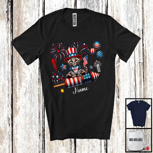 MacnyStore - Personalized Ocelot Riding Firecracker, Lovely 4th Of July USA Flag Custom Name, Zoo Animal T-Shirt