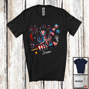 MacnyStore - Personalized Octopus Riding Firecracker, Lovely 4th Of July USA Flag Custom Name, Fish Sea Animal T-Shirt