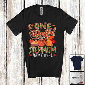 MacnyStore - Personalized One Thankful Stepmom, Lovely Thanksgiving Plaid Pumpkin Coffee, Custom Name Family T-Shirt