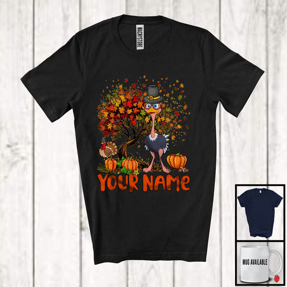 MacnyStore - Personalized Ostrich Bird Pilgrim On Fall Tree, Adorable Thanksgiving Turkey, Custom Name Bird T-Shirt