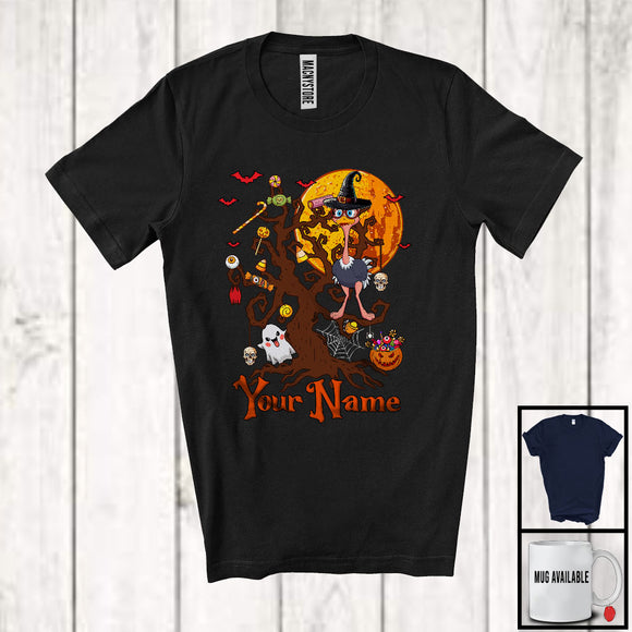 MacnyStore - Personalized Ostrich Bird Witch On Tree, Horror Halloween Boo Candy, Custom Name Bird Lover T-Shirt
