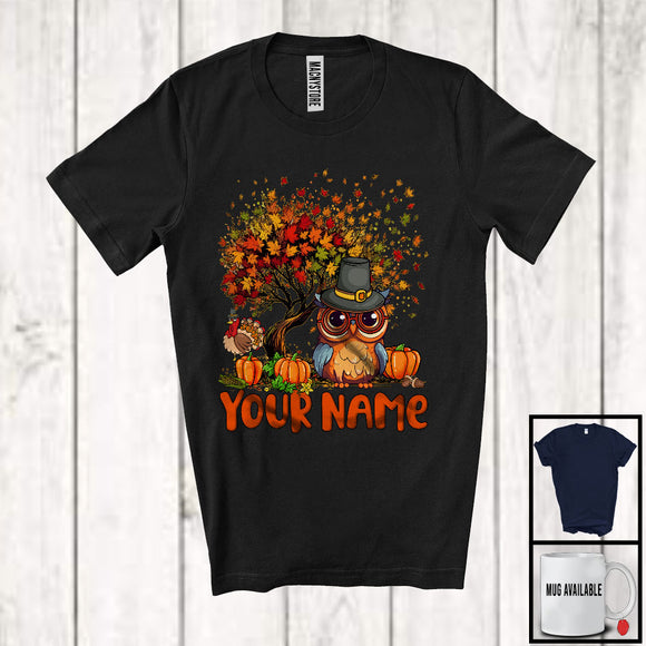 MacnyStore - Personalized Owl Bird Pilgrim On Fall Tree, Adorable Thanksgiving Turkey, Custom Name Bird T-Shirt