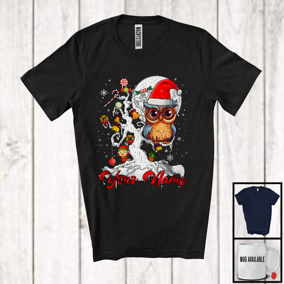 MacnyStore - Personalized Owl Bird Santa On Christmas Tree, Adorable ELF Snow, Custom Name Bird Lover T-Shirt