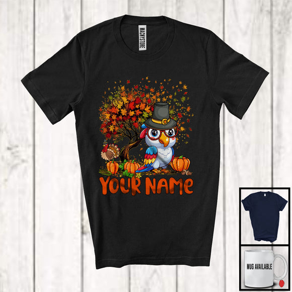 MacnyStore - Personalized Parrot Bird Pilgrim On Fall Tree, Adorable Thanksgiving Turkey, Custom Name Bird T-Shirt
