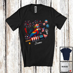 MacnyStore - Personalized Parrot Riding Firecracker, Lovely 4th Of July USA Flag Custom Name, Bird Animal T-Shirt