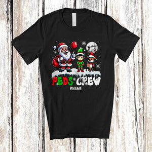 MacnyStore - Personalized Peds Crew; Adorable Christmas Three Elf Reindeer Santa; Custom Name Pediatric Nurse T-Shirt