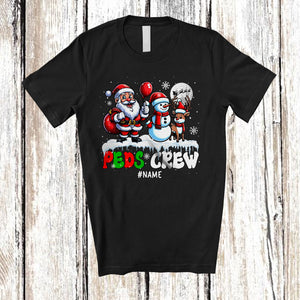 MacnyStore - Personalized Peds Crew; Adorable Christmas Three Snowman Reindeer Santa; Custom Name Pediatric Nurse T-Shirt