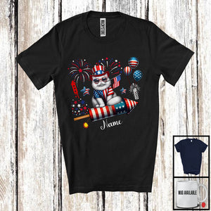 MacnyStore - Personalized Persian Cat Riding Firecracker, Lovely 4th Of July USA Flag Custom Name, Kitten Owner T-Shirt