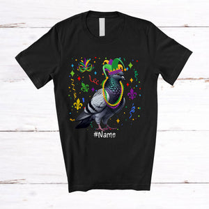 MacnyStore - Personalized Pigeon With Mardi Gras Beads Jester Hat; Lovely Custom Name Pigeon Bird Lover T-Shirt