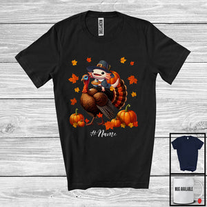 MacnyStore - Personalized Pilgrim Axolotl Riding Turkey; Joyful Thanksgiving Custom Name Axolotl; Pumpkins T-Shirt