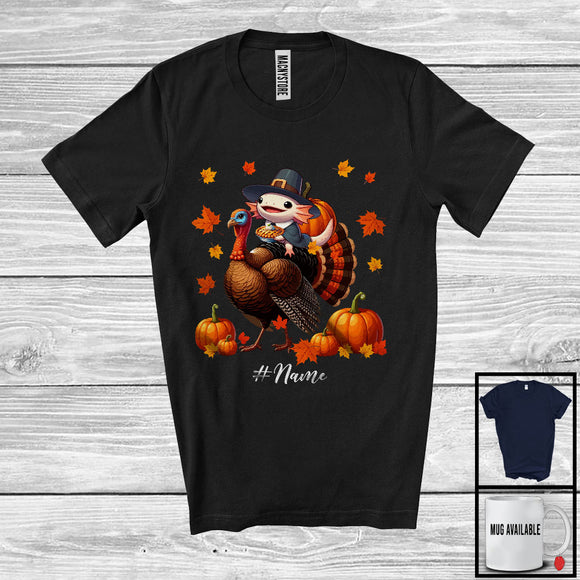 MacnyStore - Personalized Pilgrim Axolotl Riding Turkey; Joyful Thanksgiving Custom Name Axolotl; Pumpkins T-Shirt