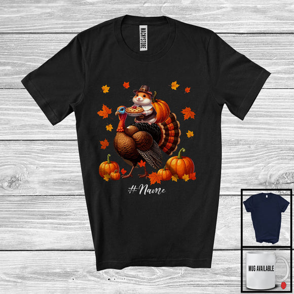 MacnyStore - Personalized Pilgrim Hamster Riding Turkey; Joyful Thanksgiving Custom Name Hamster; Pumpkins T-Shirt