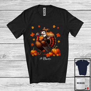 MacnyStore - Personalized Pilgrim Opossum Riding Turkey; Joyful Thanksgiving Custom Name Opossum; Pumpkins T-Shirt