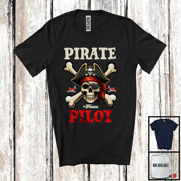 MacnyStore - Personalized Pirate Pilot; Creepy Halloween Pirate Skull; Custom Name Pilot Lover Group T-Shirt