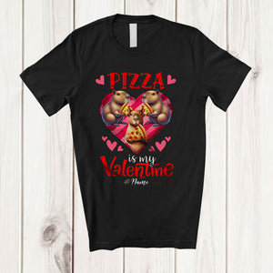 MacnyStore - Personalized Pizza is my Valentine; Lovely Capybara Eating Pizza Hearts; Custom Name Single T-Shirt