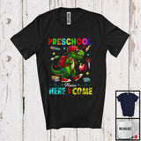 MacnyStore - Personalized Preschool Here I Come, Joyful First Day Of School T-Rex, Custom Name Dinosaur T-Shirt