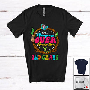 MacnyStore - Progress Over Perfection 2nd Grade, Lovely Back To School Caterpillar Life Cycle, Custom Name T-Shirt