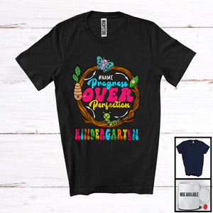 MacnyStore - Progress Over Perfection Kindergarten, Lovely Back To School Caterpillar Life Cycle, Custom Name T-Shirt