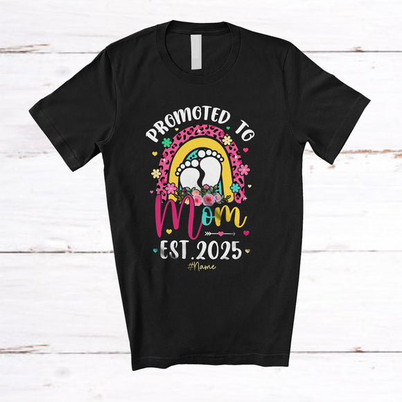 MacnyStore - Personalized Promoted To Mom Est 2025; Lovely Pregnancy Leopard Rainbow; Custom Name Family T-Shirt