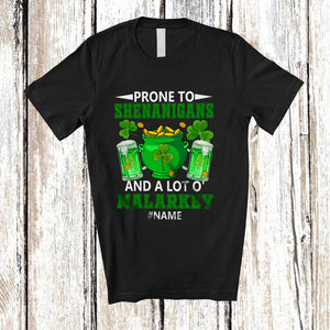 MacnyStore - Personalized Prone To Shenanigans Lot O' Malarkey; Happy St. Patrick's Day Custom Name Dabbing Shamrocks T-Shirt