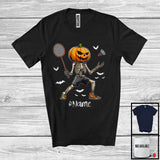 MacnyStore - Personalized Pumpkin Skeleton Playing Badminton, Horror Halloween Custom Name Badminton Player T-Shirt