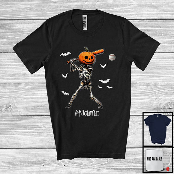 MacnyStore - Personalized Pumpkin Skeleton Playing Baseball, Horror Halloween Custom Name Baseball Player T-Shirt