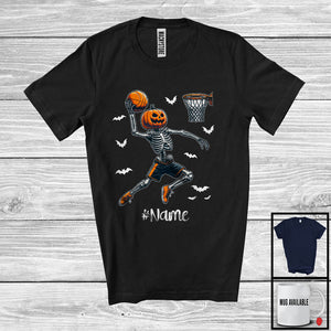 MacnyStore - Personalized Pumpkin Skeleton Playing Basketball, Horror Halloween Custom Name Basketball Player T-Shirt