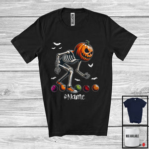 MacnyStore - Personalized Pumpkin Skeleton Playing Bocce Ball, Horror Halloween Custom Name Bocce Ball Player T-Shirt