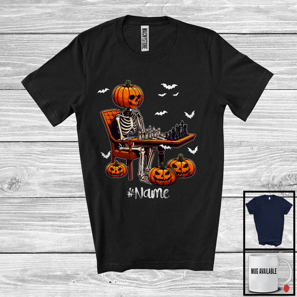 MacnyStore - Personalized Pumpkin Skeleton Playing Chess, Horror Halloween Custom Name Chess Player T-Shirt