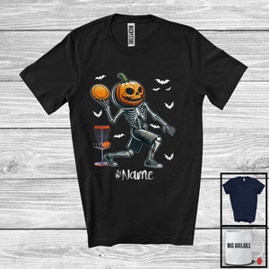 MacnyStore - Personalized Pumpkin Skeleton Playing Disc Golf, Horror Halloween Custom Name Disc Golf Player T-Shirt