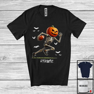 MacnyStore - Personalized Pumpkin Skeleton Playing Football, Horror Halloween Custom Name Football Player T-Shirt