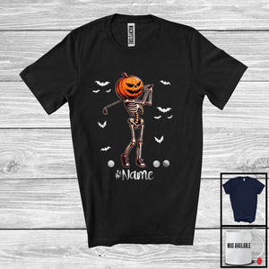 MacnyStore - Personalized Pumpkin Skeleton Playing Golf, Horror Halloween Custom Name Golf Player T-Shirt